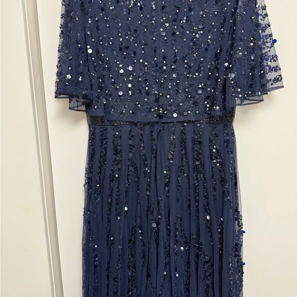 NWT | Mac Duggal Blue 93784 Midnight Blue Maxi Gown  Flutter Sleeves Size 10 - Picture 13 of 15